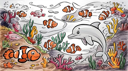 An underwater scene teeming with colorful coral, busy clownfish, and a gentle dolphins drawing by crayons in childish style