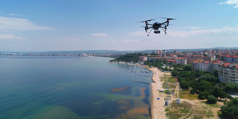 Varna, Bulgaria -  Flying drone quadcopter Dji-generated image AI - obrazy, fototapety, plakaty