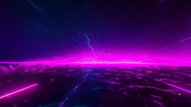 Video animation of Neon Dreamscape. It features a vibrant neon landscape with a dominant purple hue, streaks of light that resemble shooting stars or meteor trails,