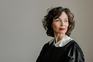 elegant photo capturing the poise and authority of a female judge in her distinguished uniform, against a white background, reflecting her dedication to upholding the principles of