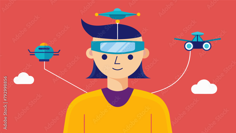 Poster a person wearing a headband with wires connecting to a small robotic drone directing its flight with