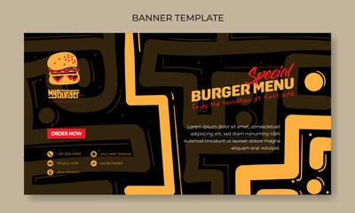 Banner template design with yellow hand drawn in black background for fast food advertising