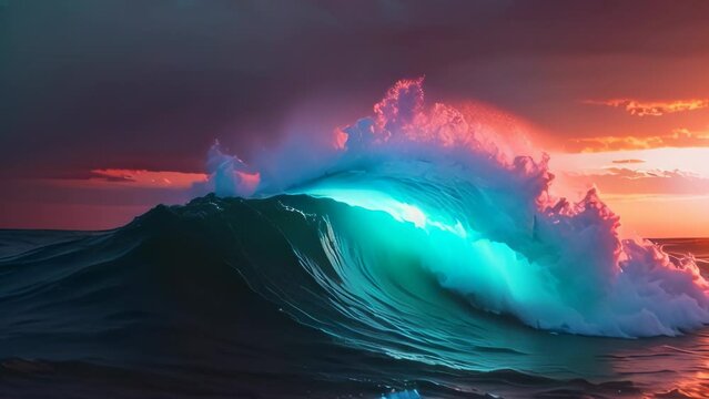 Video animation of majestic ocean wave during a breathtaking sunset or sunrise. The wave is at its peak, curling beautifully, ready to break