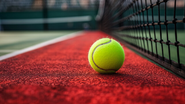 A bright tennis ball on a red court next to the black net - Powered by Adobe