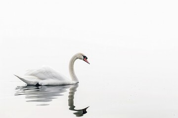 Obraz premium Serene beauty of a solitary swan, gliding gracefully across the still waters of a tranquil lake, isolated on pure white background.