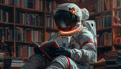 A man in a spacesuit is reading a book in a library by AI generated image - obrazy, fototapety, plakaty