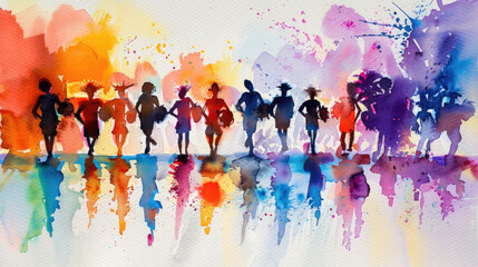 A diverse group of individuals standing together in front of a vibrant, multicolored backdrop