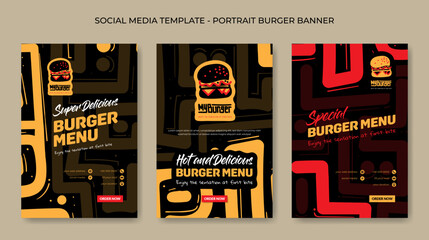 Set of social media post template in portrait design with red yellow hand drawn background