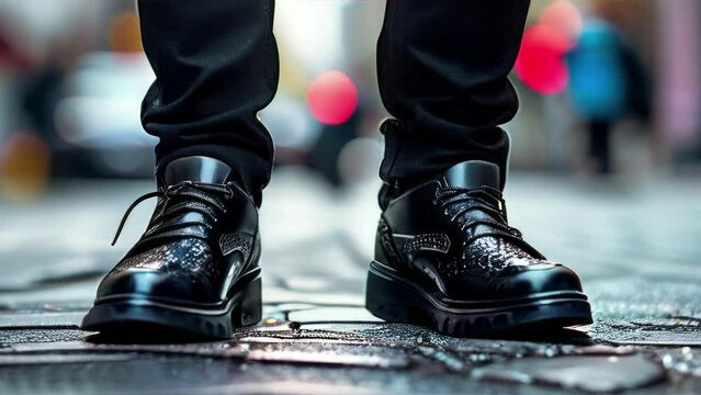 photo of men's legs against the background of a city street. business district. brooks by costum. leather shoes