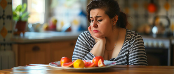 nhappy fat woman sitting in the dining room at home, looking at small cut fruit on the plate on the table, reflecting diet  - obrazy, fototapety, plakaty