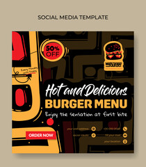 Square banner template in black background and yellow hand drawn with burger design