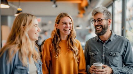 Fototapeta premium Coffee break office colleague having coversation while drinking coffee , Photo of cheerful good mood colleagues.