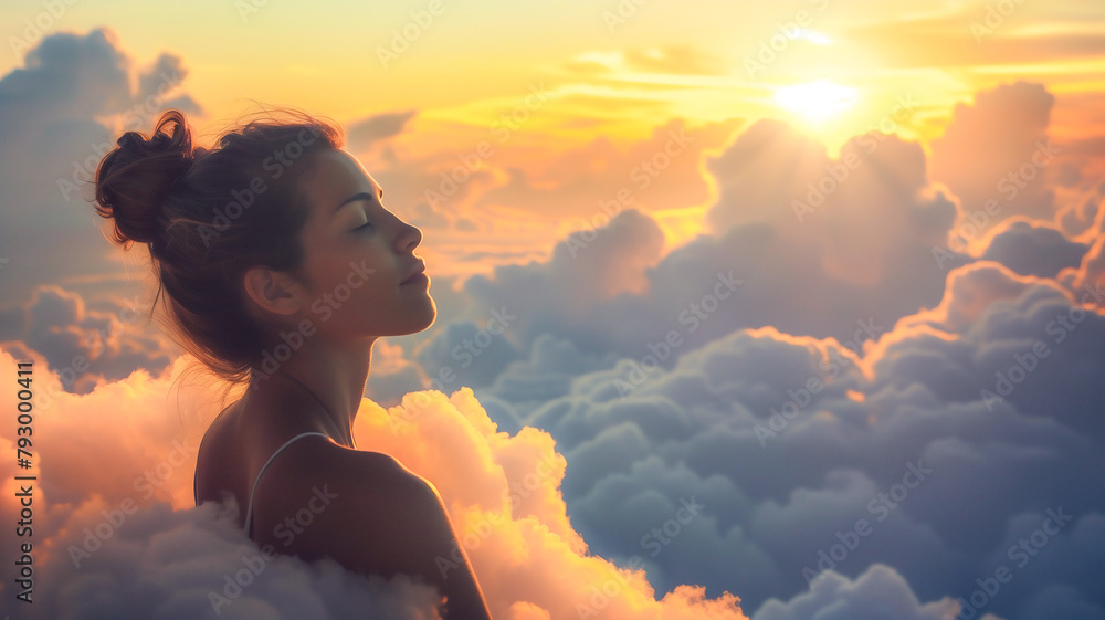 Sticker beautiful woman feeling relaxed like she sitting or lying oncloud with beautiful sky .