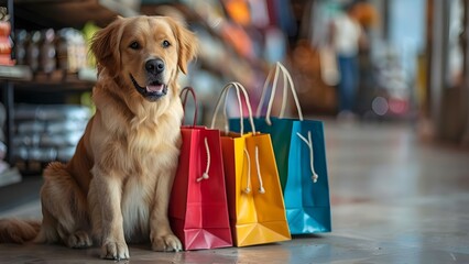 A joyful dog posing with colorful shopping bags after a successful shopping trip. Concept Pets, Shopping, Colorful Props, Joyful Moments, Animal Photography - obrazy, fototapety, plakaty