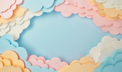 Pastel colored paper drawing with paper clouds on the sides and an empty area in the middle