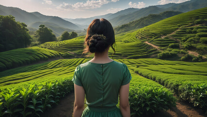 Backview a girl stand on green tea farm field againts summer sky