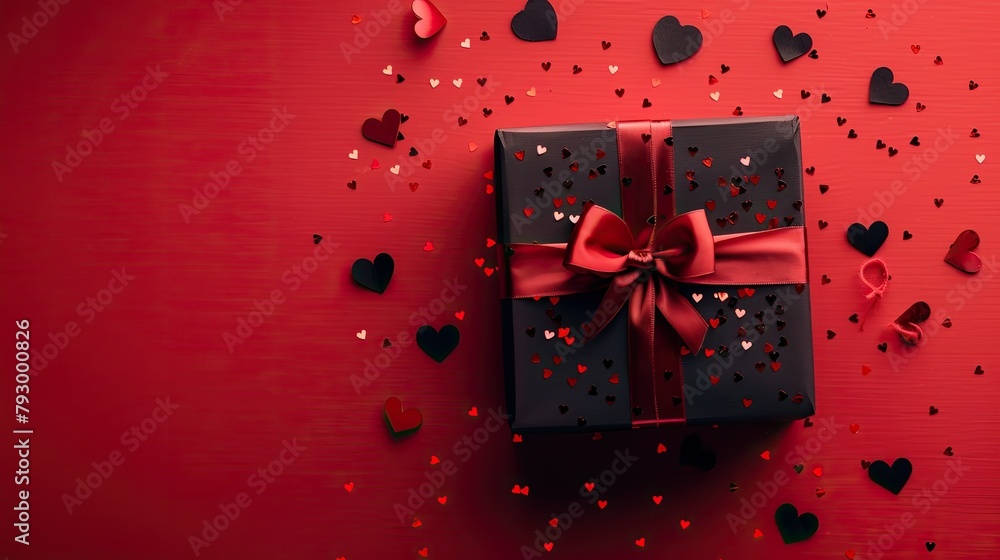 Poster a stunning gift box adorned with hearts placed artfully on a vibrant red backdrop set up in a flat l