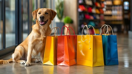 A happy dog sitting next to vibrant shopping bags after a successful spree. Concept Pets, Shopping, Happiness, Lifestyle, Photography