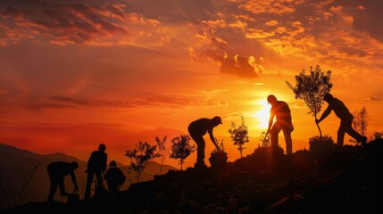 Fototapeta na wymiar Sunset silhouette of workers planting trees, symbolizing a brighter future for the planet