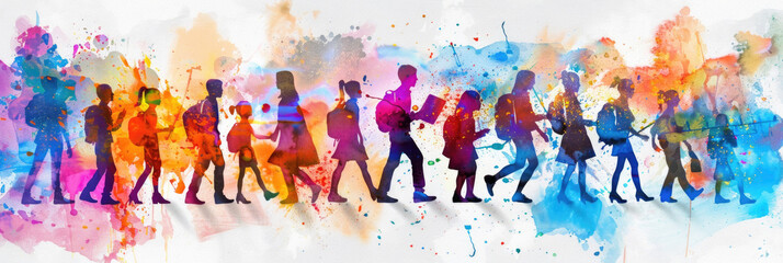 A group of diverse individuals walking next to each other on a busy urban street, moving in the same direction