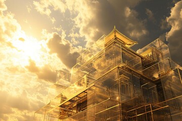 Fantastic Chinese majestic palace-castle made of glass against sunset sky in a fantasy world - obrazy, fototapety, plakaty