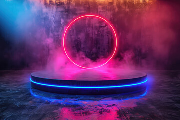 Abstract background with glowing neon red blue light ring on round podium in smoke. Created with Ai - obrazy, fototapety, plakaty