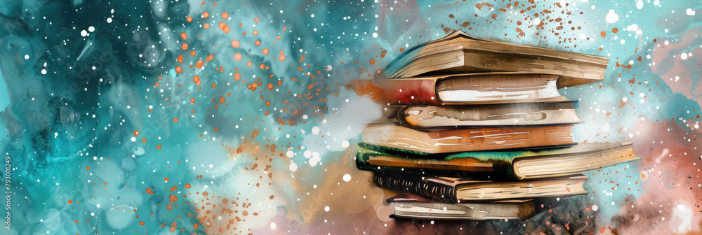 Poster a stack of books of various sizes and colors sitting on top of each other in a neat arrangement, cre