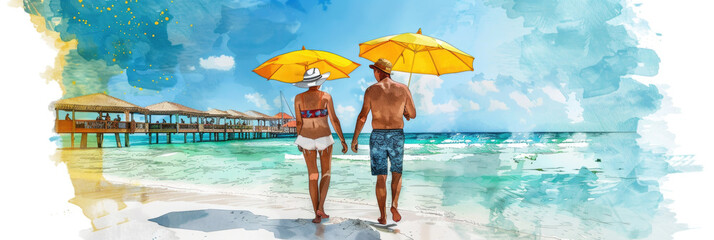 Two individuals walking along a sandy beach, carrying umbrellas to shield themselves from the sun. The ocean waves gently lapping at the shore in the background - obrazy, fototapety, plakaty