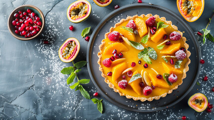Indulge in the tropical allure of our Mango Passion Fruit Tart, presented against a refined grey background. This delectable dessert features a buttery tart crust generously filled with a luscious  - obrazy, fototapety, plakaty
