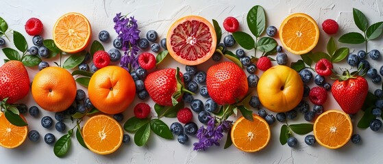 Colorful citrus fruit arrangement with fresh leaves. Ideal for food photography, recipe websites, and healthy meal inspiration. - obrazy, fototapety, plakaty