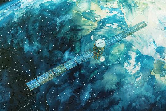 The artists rendition depicts a satellite floating in the vastness of space, showcasing its intricate details against the backdrop of stars and galaxies