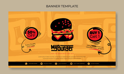 Banner template with cartoon of burger in black design for fast food advertisement design