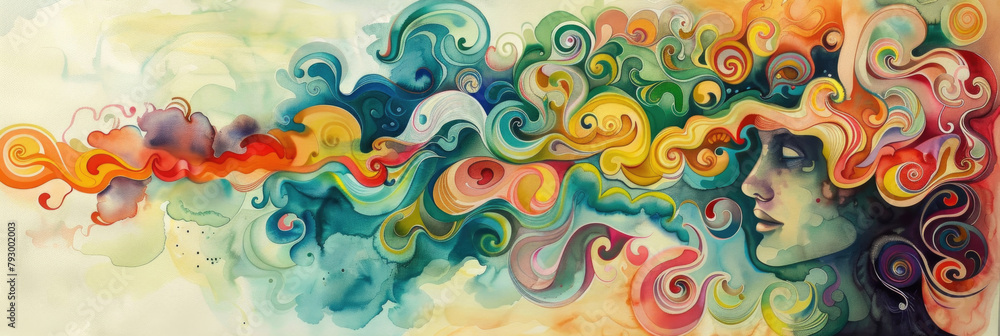 Poster a vibrant painting featuring a womans face surrounded by colorful swirls, creating a visually striki
