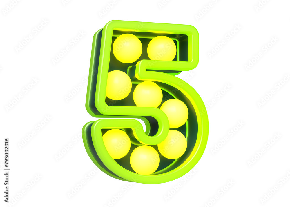 Poster lightbox sign typography digit number 5 in lemon lime color scheme. striking luminous font. high qua