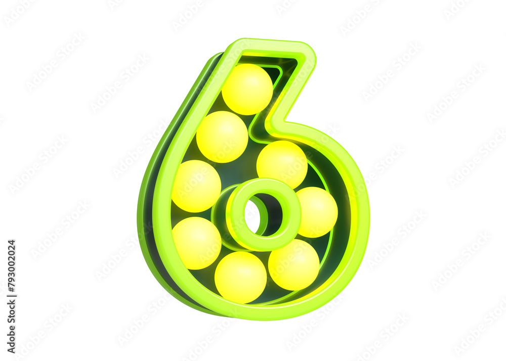 Poster 3d typography of marquee bulb digit number 6 in green and yellow. high quality 3d rendering.