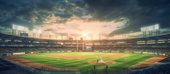 Baseball players in action on the stadium at sunset.