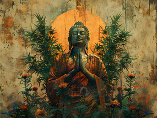 Buddha statue surrounded by colorful flowers. The background colorful