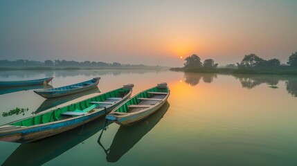 Traditional fishing boats floating peacefully on the calm waters of the river at sunrise