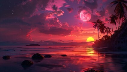 A stunning full moon over the tropical beach with palm trees and reflections in the water on a red sky background