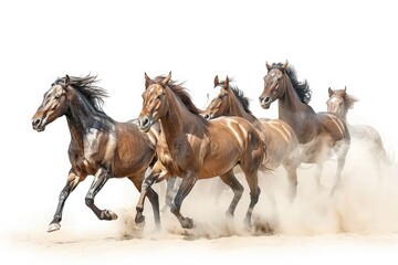 Power and grace of a galloping herd of wild horses, their thundering hooves kicking up clouds of dust, isolated on pure white background.