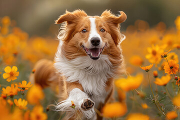A black and white border collie running through orange flowers, smiling with his tongue out. The background is blurred to focus on the dog. Created with Ai