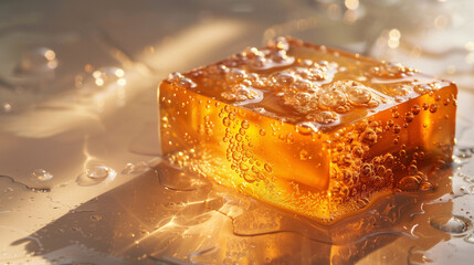 Photograph of transparent golden soap resting on the floor with soapy water and bubbles, close-up. Cosmetics advertising materials.