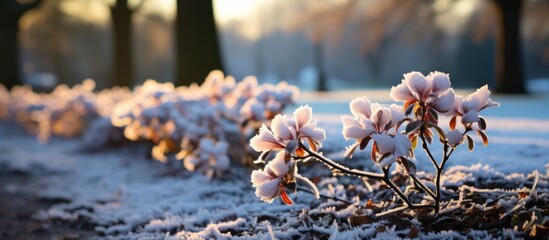 Beautiful winter landscape with rhododendron flowers in the sunlight - obrazy, fototapety, plakaty
