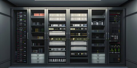  Computer and server room rack panel background , Control modules heat power Computer servers, Modern interior server room data center background 
