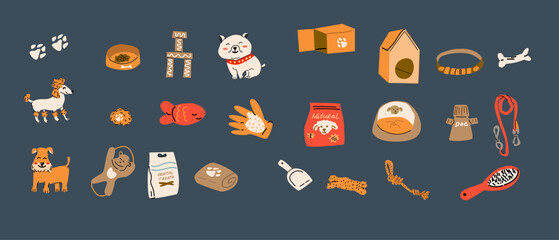 Cartoon dogs and equipment. Cute doodle poodle, terrier and bulldog home pets with supplies, toys, bed, bowl, food and leash, towel. Vector set