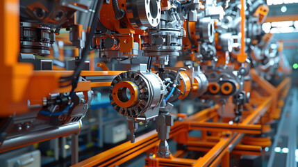 3D animation of an engine assembly process in a factory, with parts coming together seamlessly, demonstrating modern manufacturing techniques.