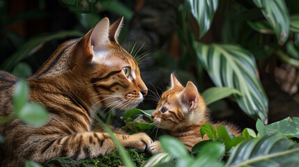 A majestic Bengal cat rests its paw on its playful kitten, surrounded by lush green plants.