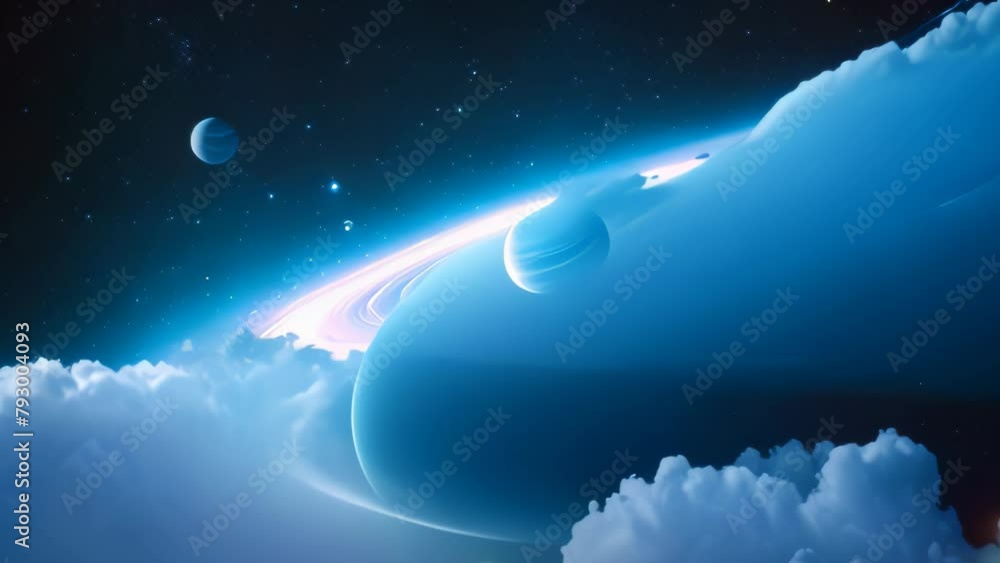 Wall mural video animation of space scene with a large celestial body resembling a planet taking up the left si