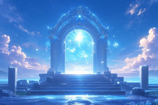 A stage with a pink blue sky background, a glowing halo and steps in the center of which is an archway surrounded by clouds. 