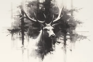 Foto op Aluminium A majestic stag with impressive antlers, standing tall against the backdrop of an enchanted forest., charcoal drawing  © Photo And Art Panda